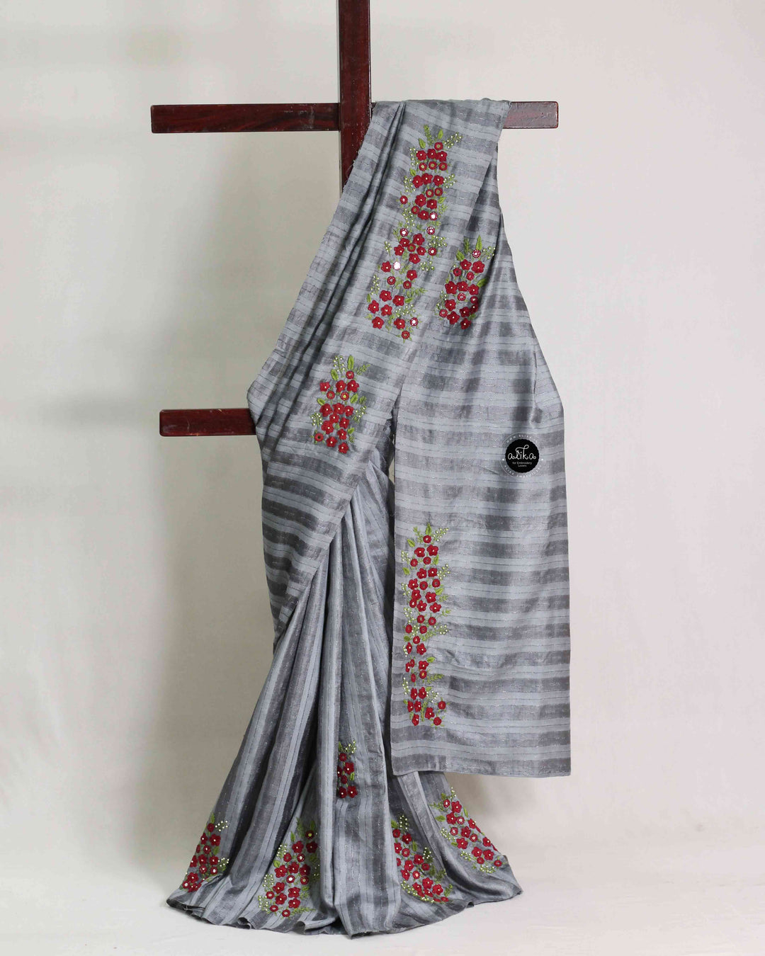 Gray Pure Tussar Silk Saree with Maroon Floral Hand Work &amp; Mirror Work