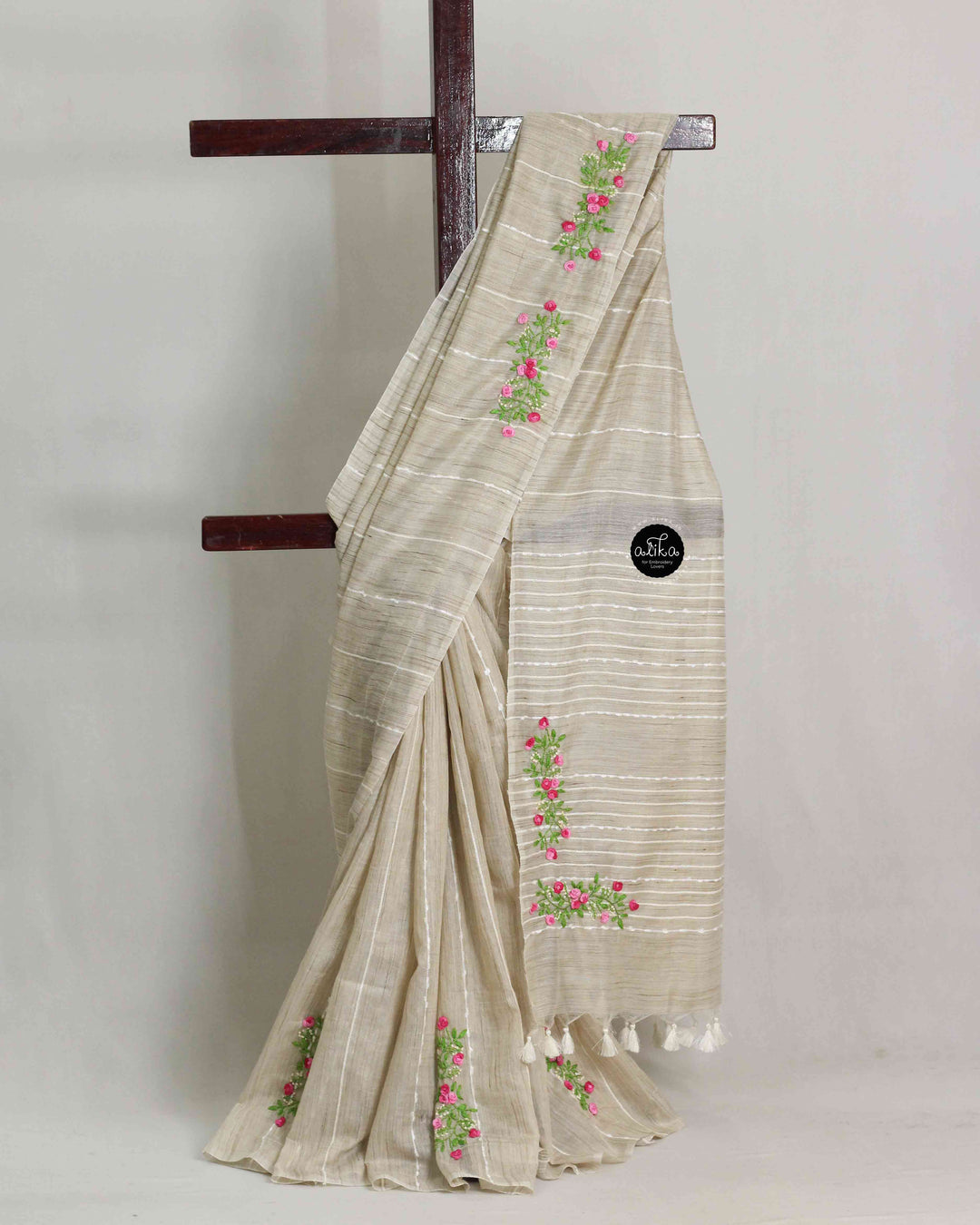 Beige Semi Linen Saree with Floral Hand Embroidery