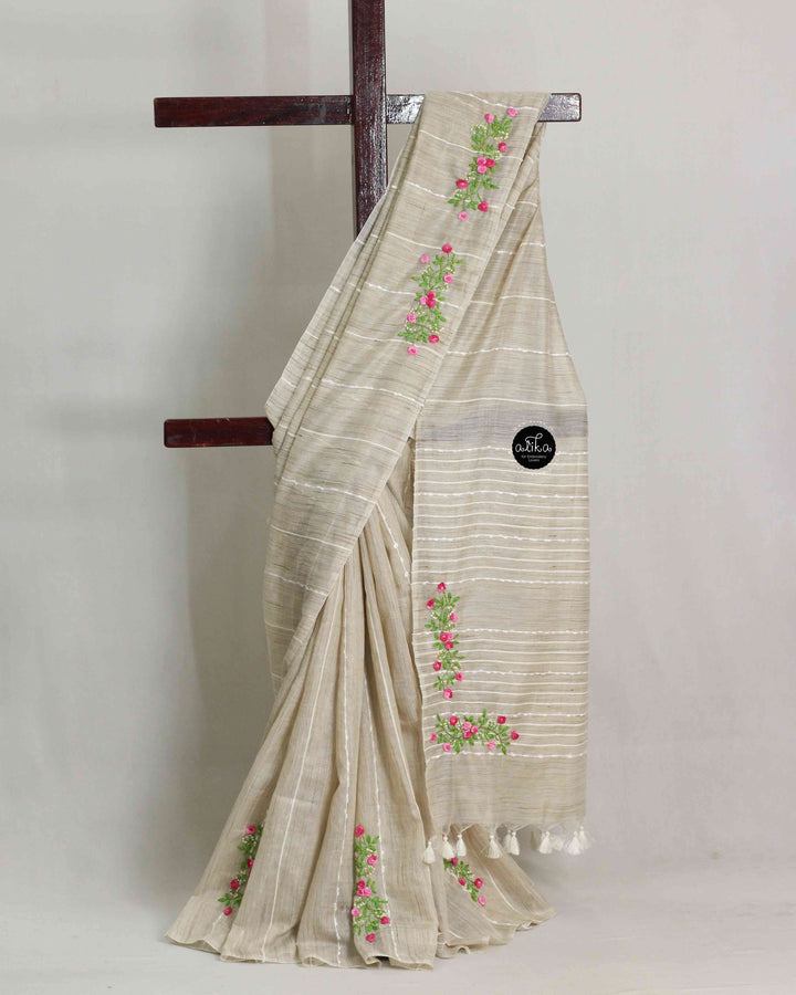 Beige Semi Linen Saree with Floral Hand Embroidery