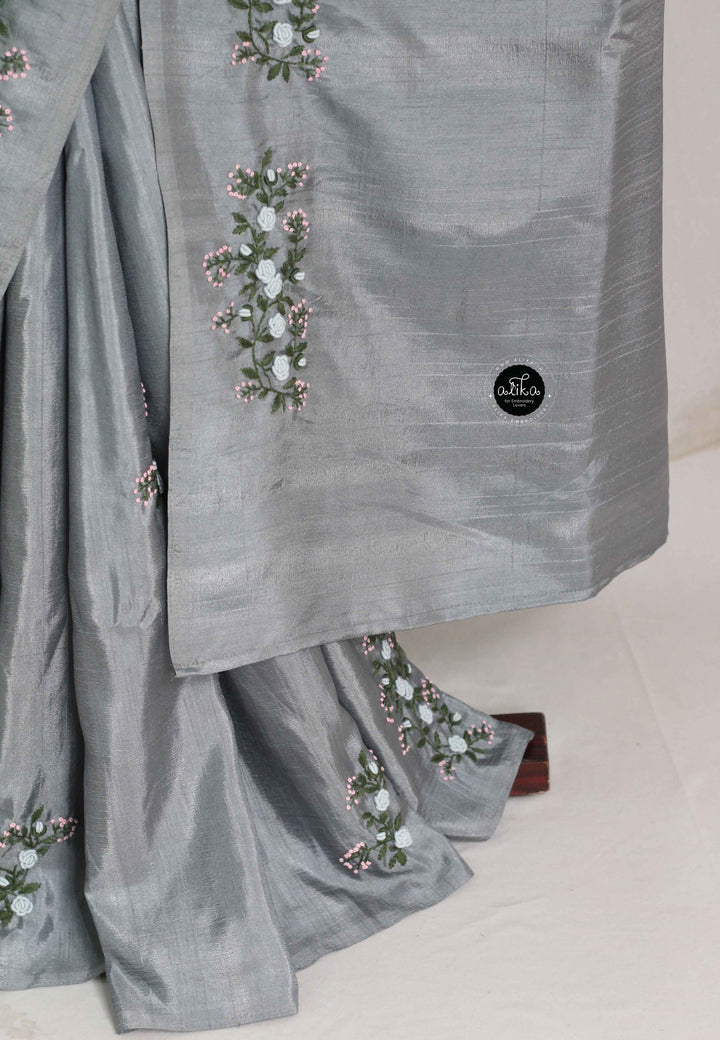 Gray Designer Silk Saree with Floral Hand Embroidery