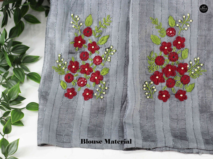 Gray Pure Tussar Silk Saree with Maroon Floral Hand Work &amp; Mirror Work