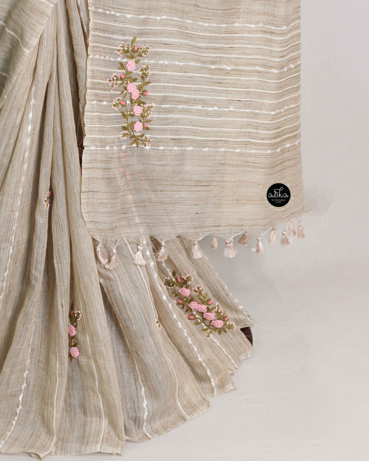 Champagne Beige Bamboo Silk Saree with Floral Hand Embroidery