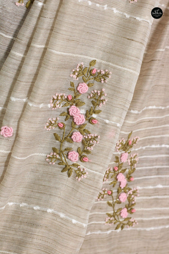 Champagne Beige Bamboo Silk Saree with Floral Hand Embroidery