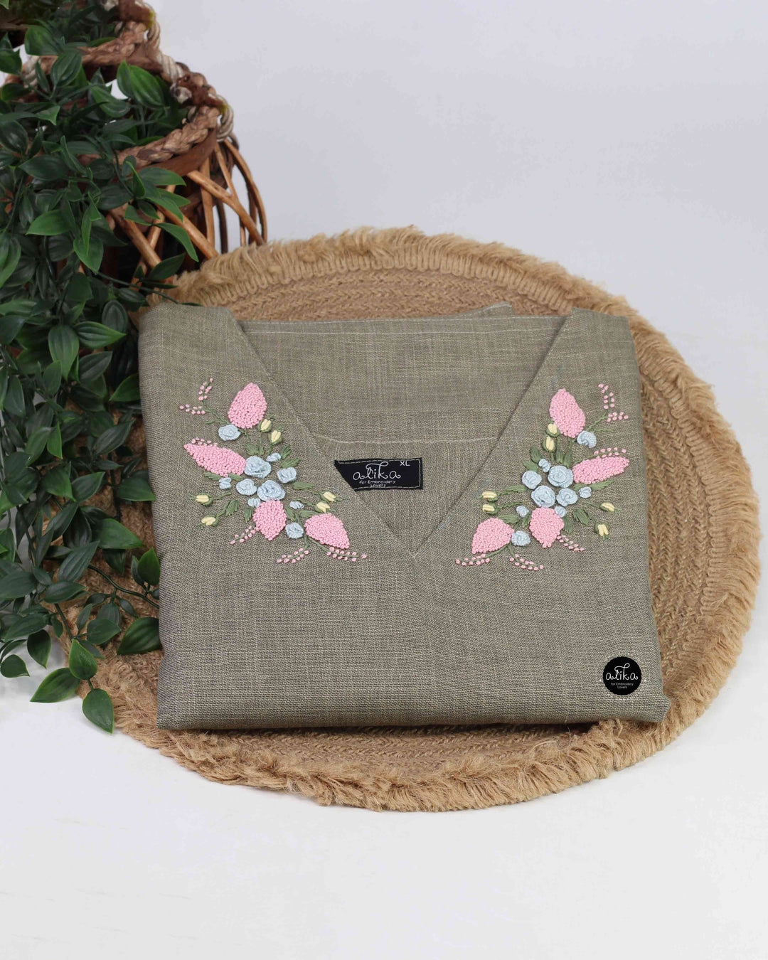 Light Olive Green Semi-Linen Stitched Kurti with Floral Hand Embroidery on Neckline &amp;amp; Sleeves