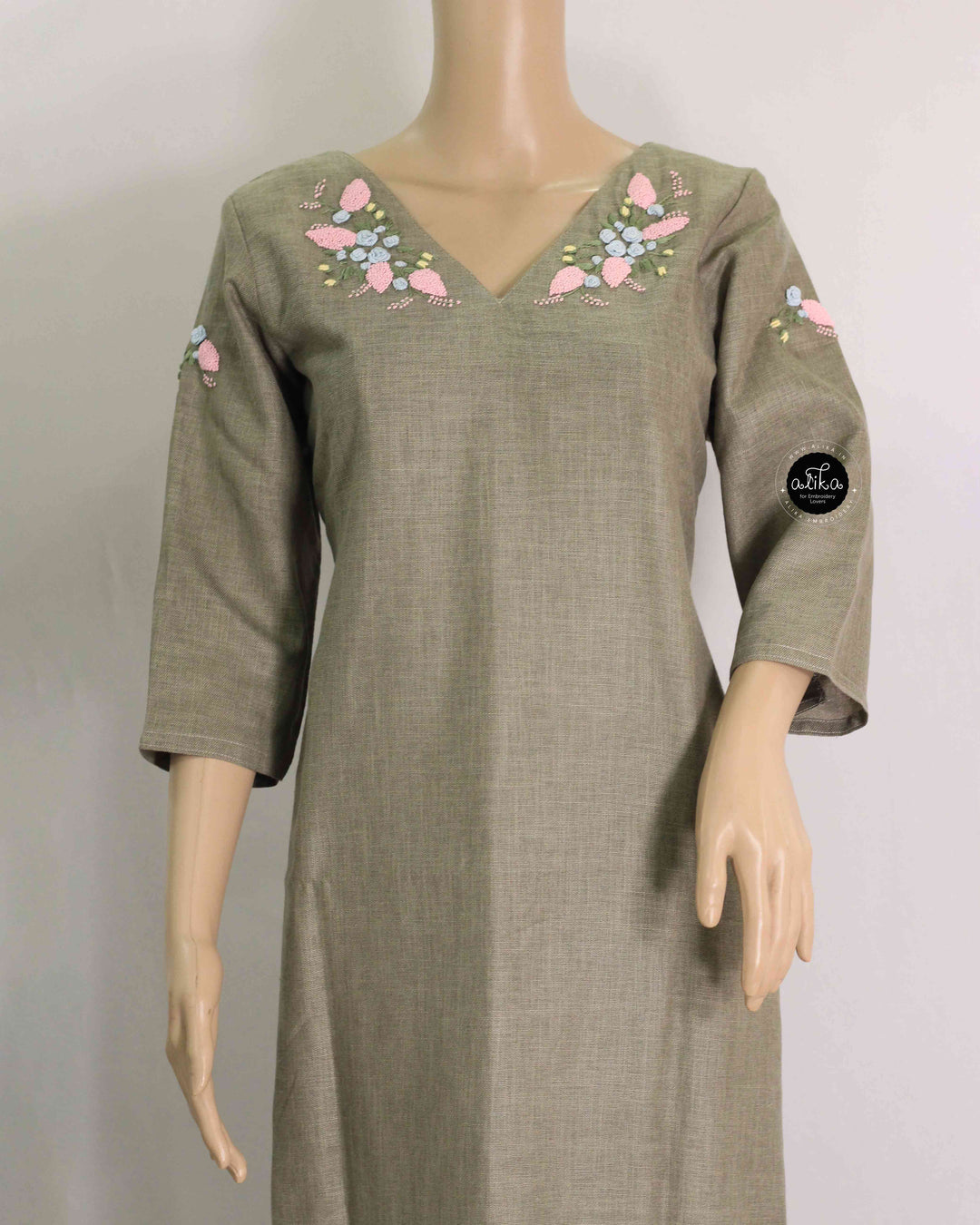 Light Olive Green Semi-Linen Stitched Kurti with Floral Hand Embroidery on Neckline &amp;amp; Sleeves