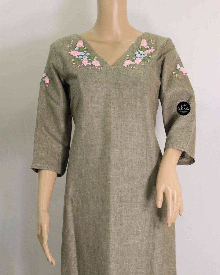 Light Olive Green Semi-Linen Stitched Kurti with Floral Hand Embroidery on Neckline &amp;amp; Sleeves