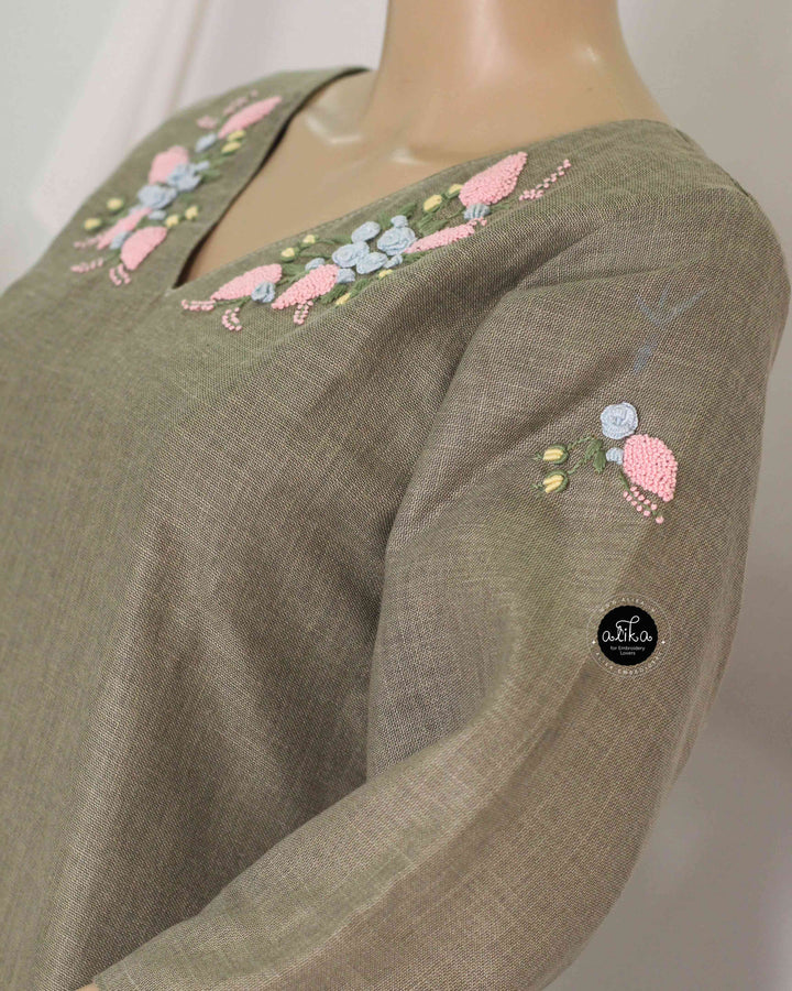 Light Olive Green Semi-Linen Stitched Kurti with Floral Hand Embroidery on Neckline &amp;amp; Sleeves