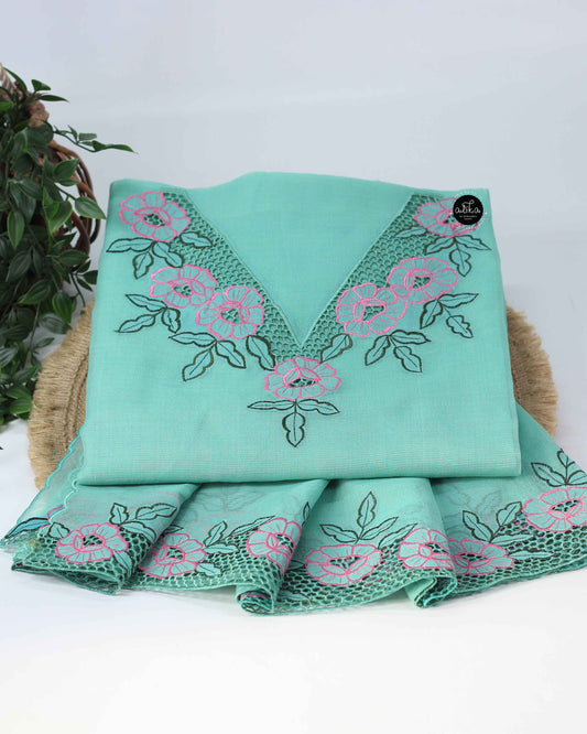 Pista Green Unstitched Top and Dupatta with Floral Cutwork