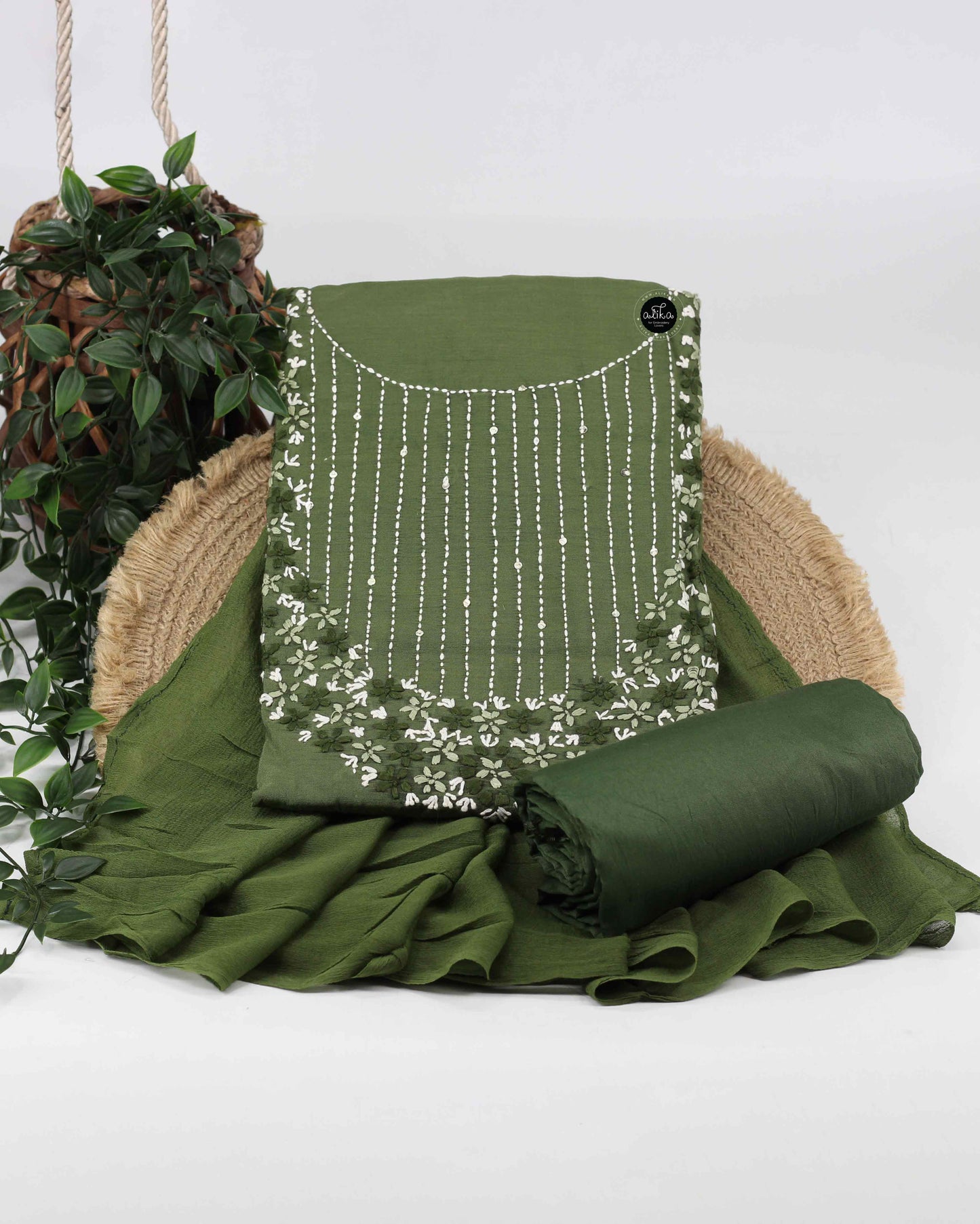 Green Semi-Silk Unstitched Salwar Set with Floral Hand Embroidery & Sequins