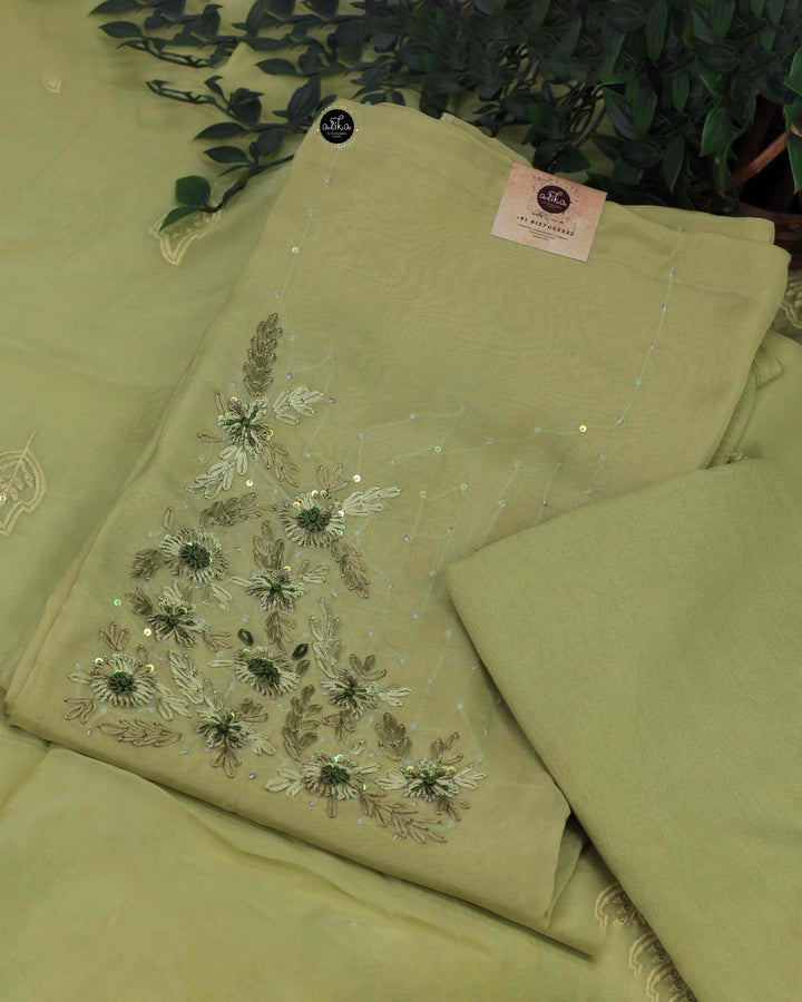 Pista Green Organza Salwar Set with Floral Embroidery and Sequin Work –
