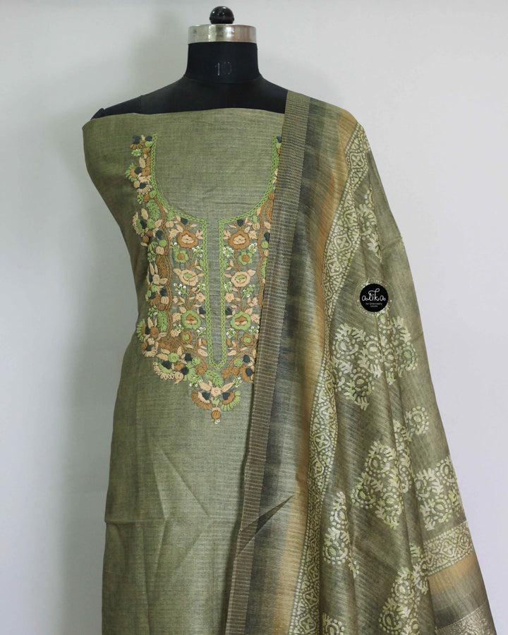 Green Semi Silk Unstitched Salwar Set with Floral Hand Embroidery