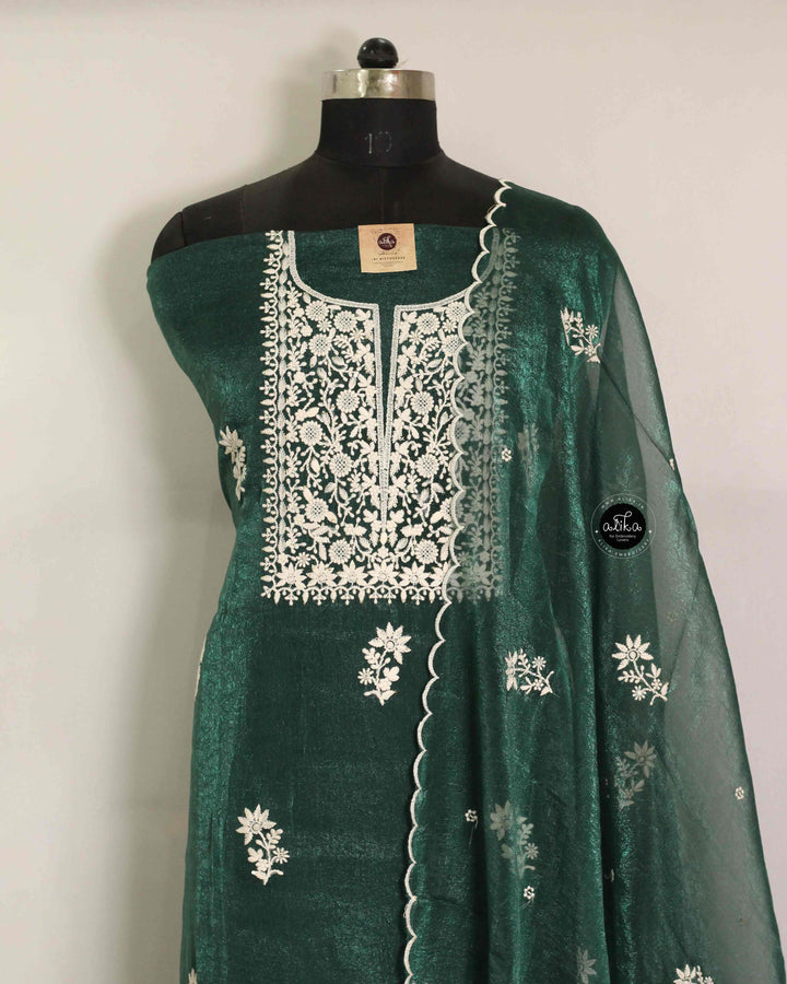 Teal Green Crushed Silk Salwar Set with Floral Embroidery
