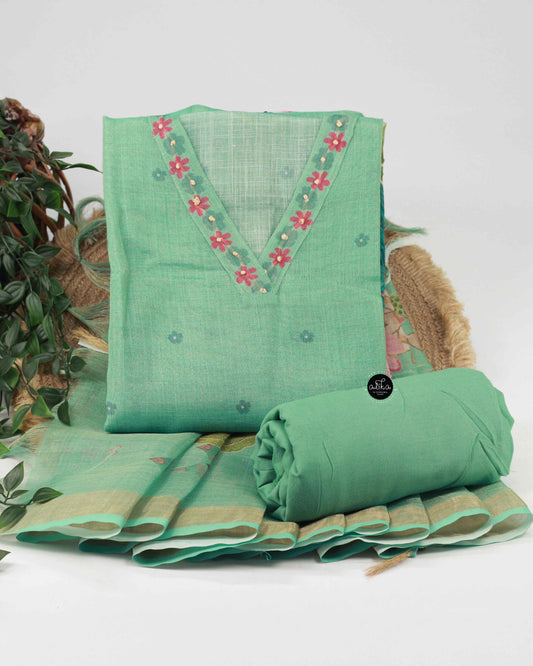 Pista Green semi tissue Unstitched Salwar Set with Floral Prints and Mirror Work