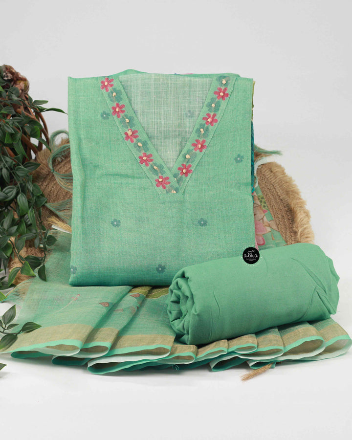 Pista Green semi tissue Unstitched Salwar Set with Floral Prints and Mirror