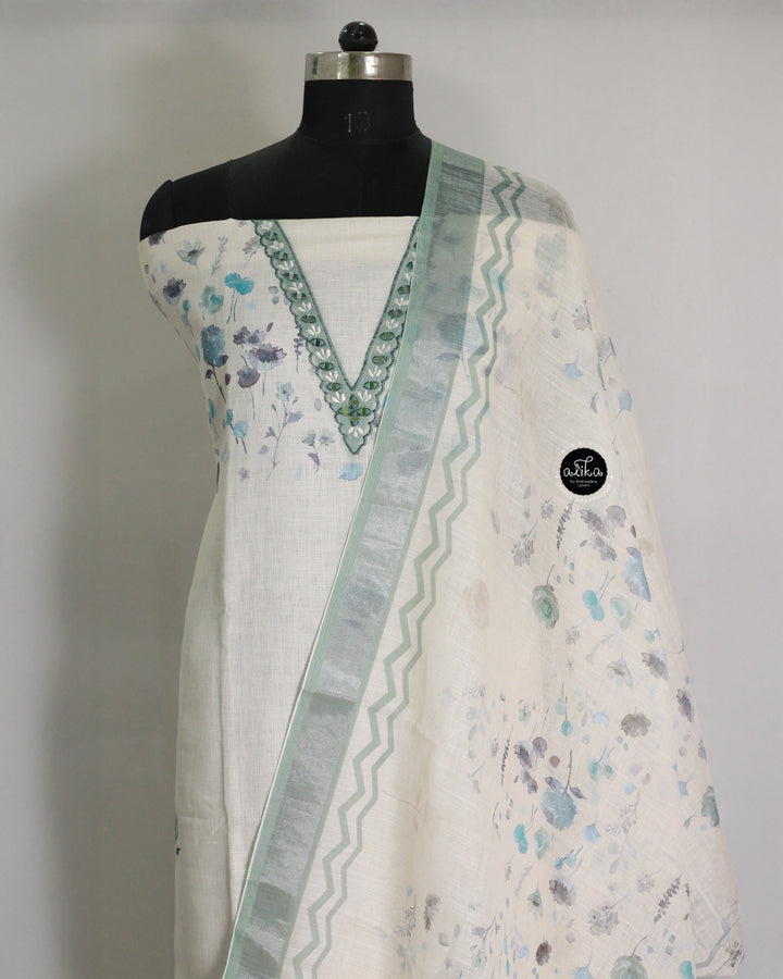 Off-White Linen Unstitched Salwar Set with Floral Prints &amp; Mirror Work