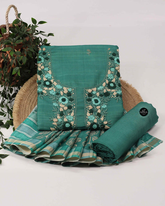 Teal Green Semi Silk Salwar Set with Floral Embroidery & Sequins