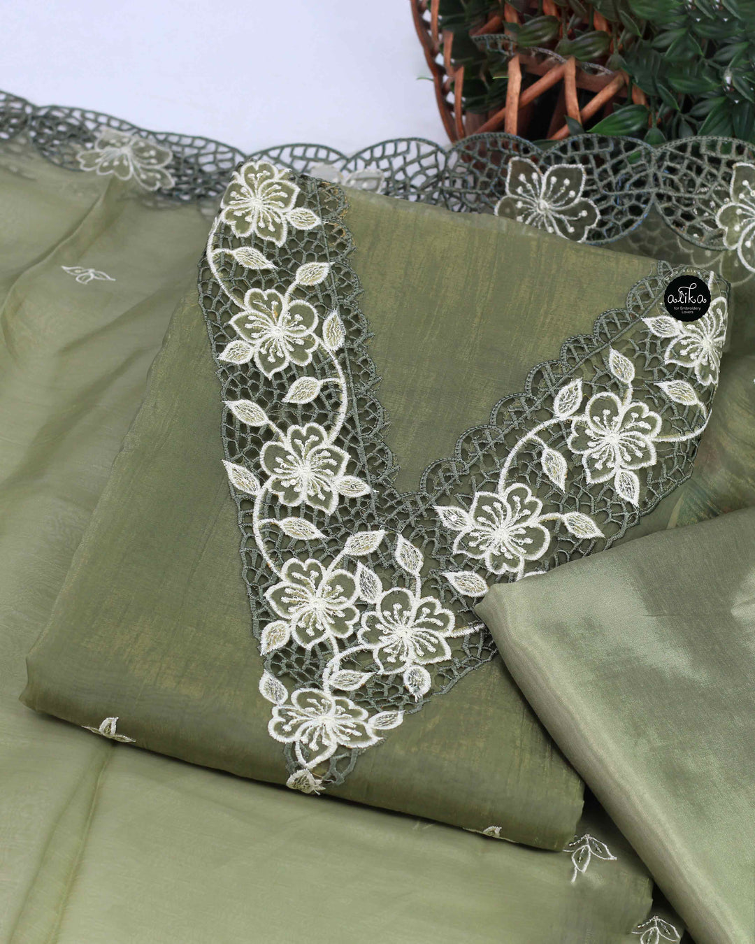 Olive Green Organza Unstitched Salwar Set with Floral Twine Cutwork