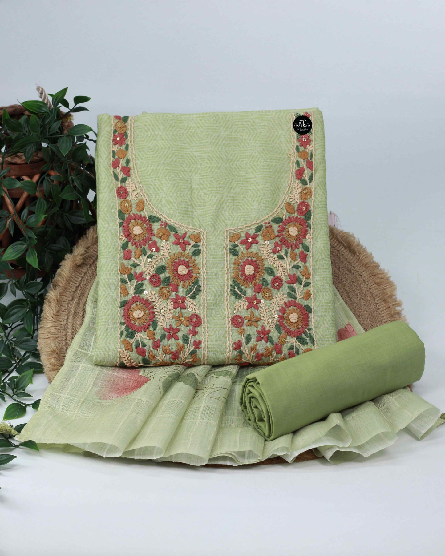 Pista Green Chanderi Unstitched Salwar Set with Floral Hand Embroidery