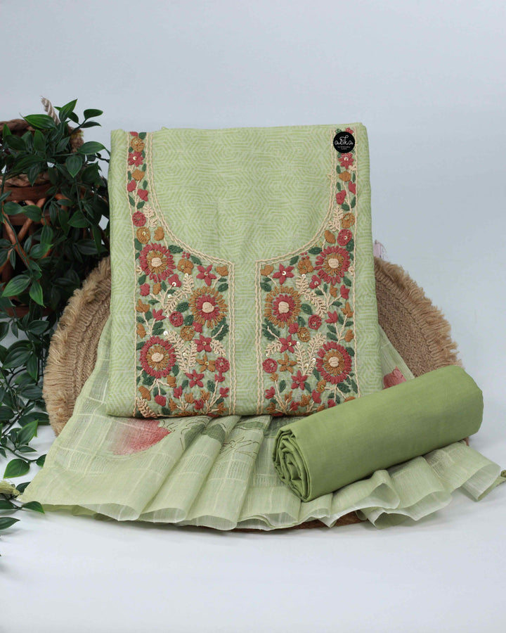 Pista Green Chanderi Unstitched Salwar Set with Floral Hand Embroidery
