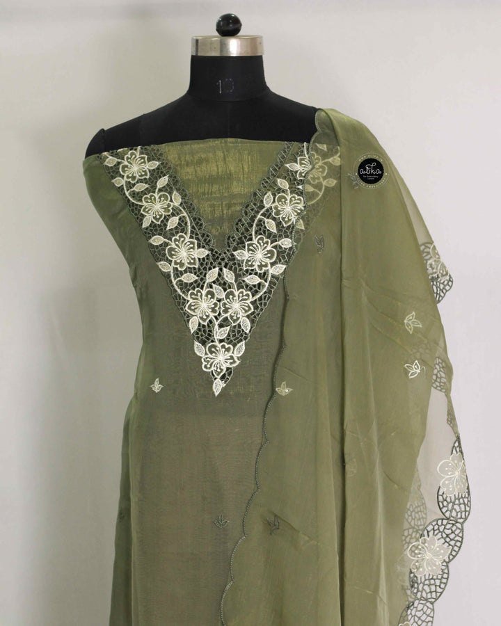 Olive Green Organza Unstitched Salwar Set with Floral Twine Cutwork