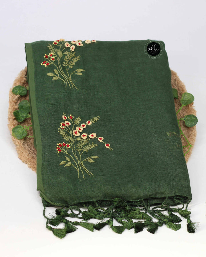 Dark Olive Green Pure Linen Saree with Floral Hand Embroidery