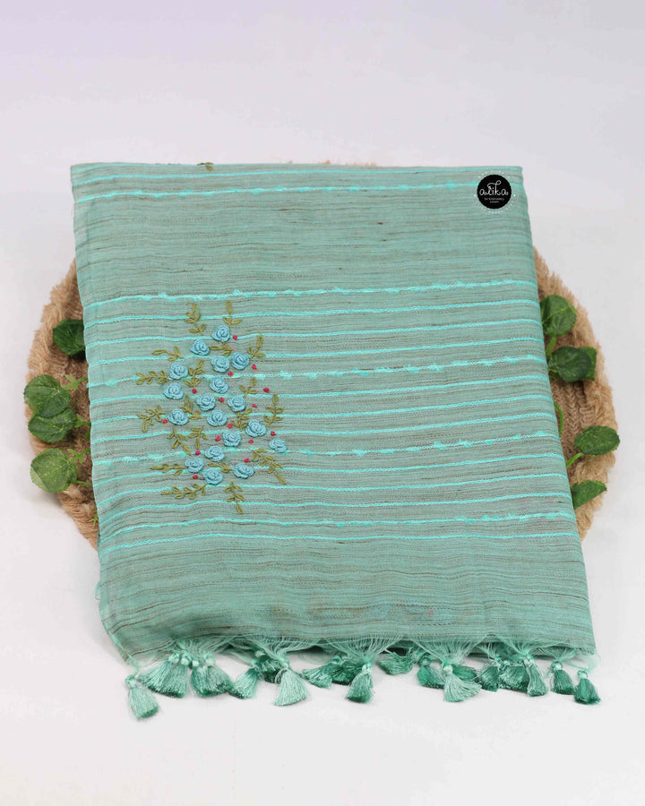 Sea Blue Bamboo Silk Saree with Floral Hand Embroidery