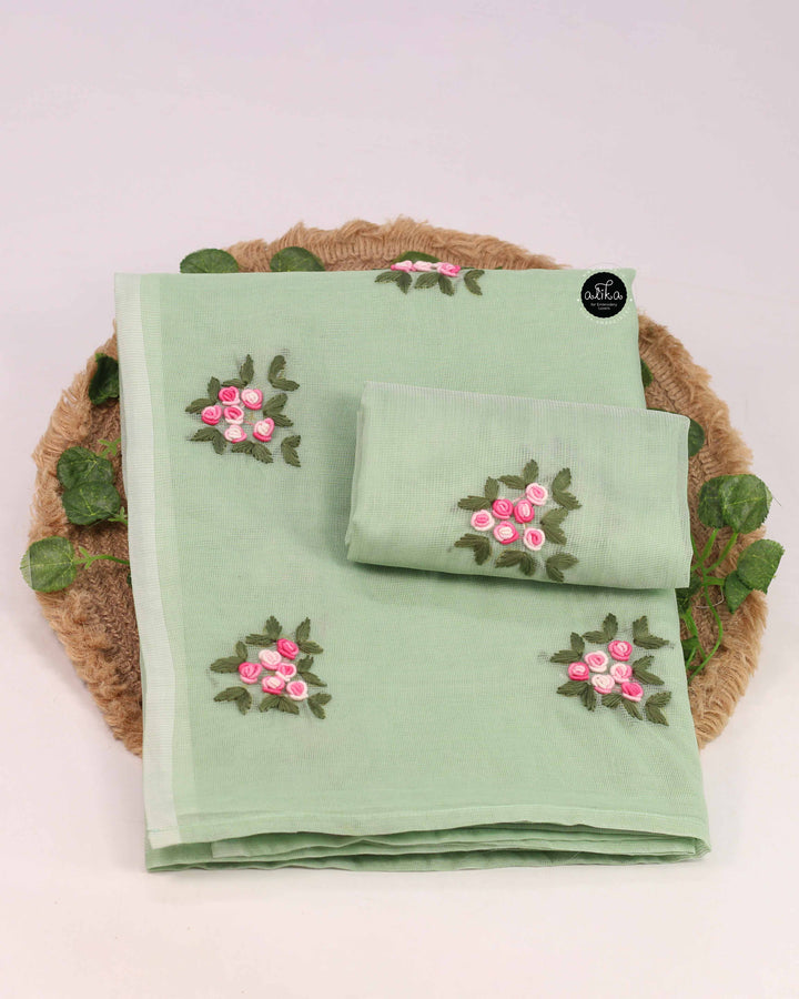 Pistachio Green Kota Saree with Floral Hand Embroidery