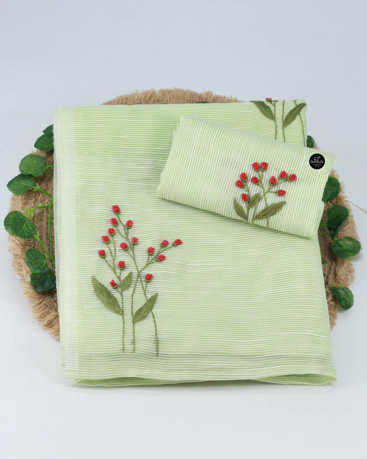 Water Green Floral Hand Embroidered Kota Saree