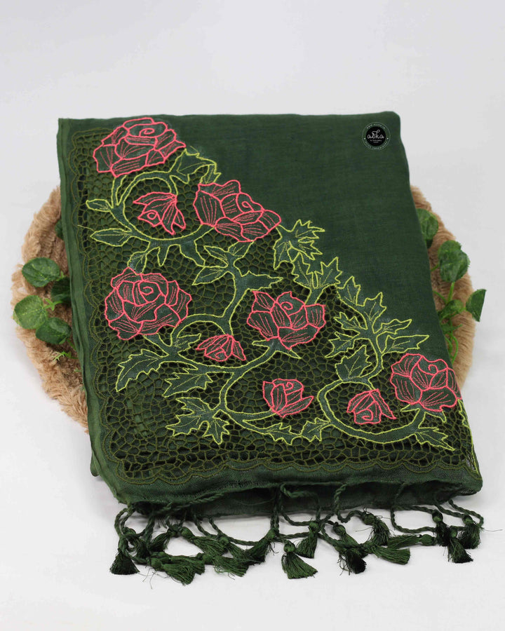 Dark Green Pure Linen Saree with Floral Twine Cutwork