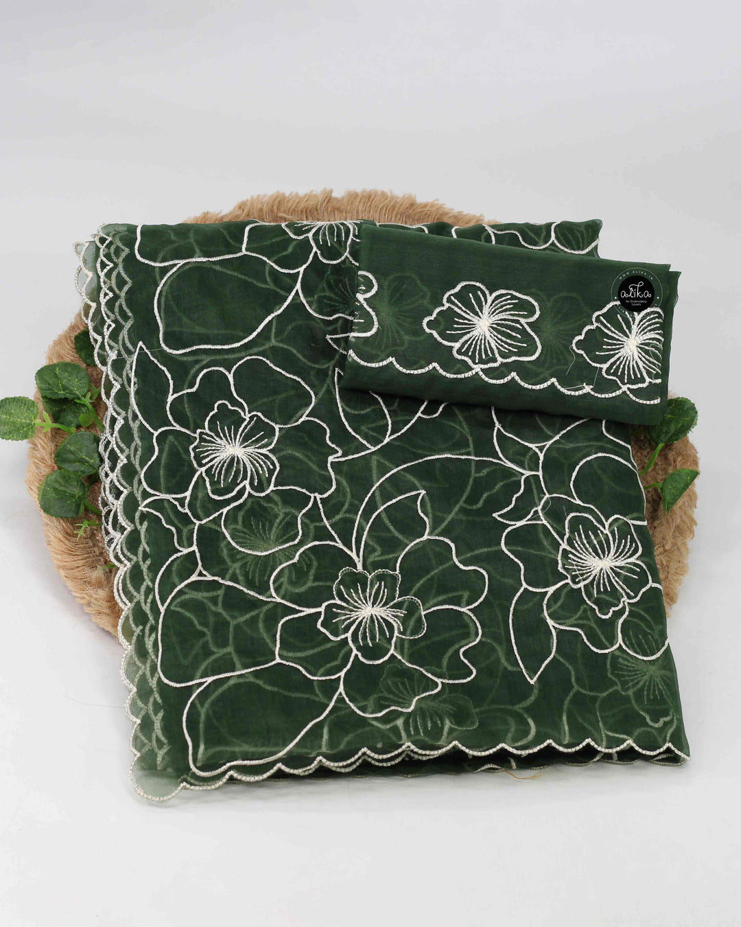 Dark Green Organza Saree with Floral White Machine Embroidery