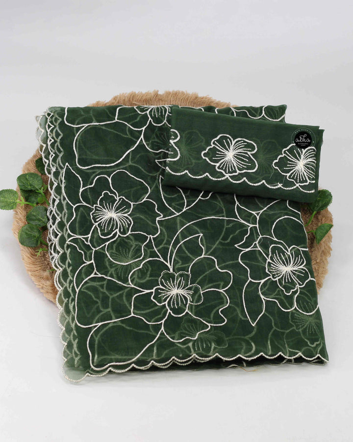 Dark Green Organza Saree with Floral White Machine Embroidery