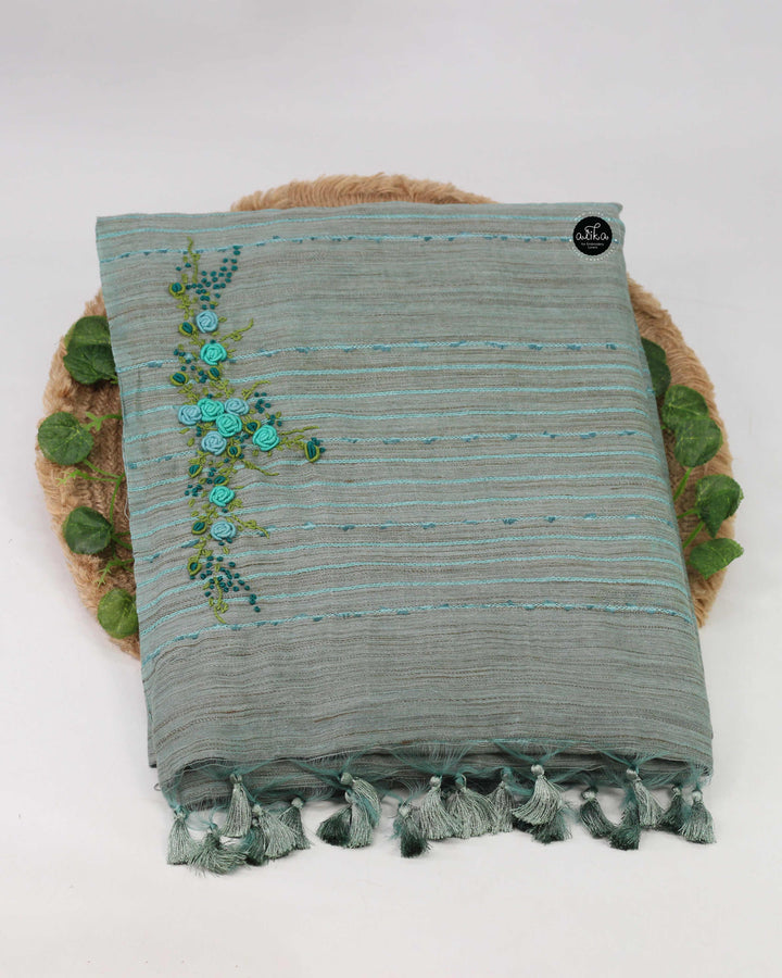 Gray Semi Linen Saree with Floral Hand Embroidery – Elegant Festive &amp; Occasion Wear