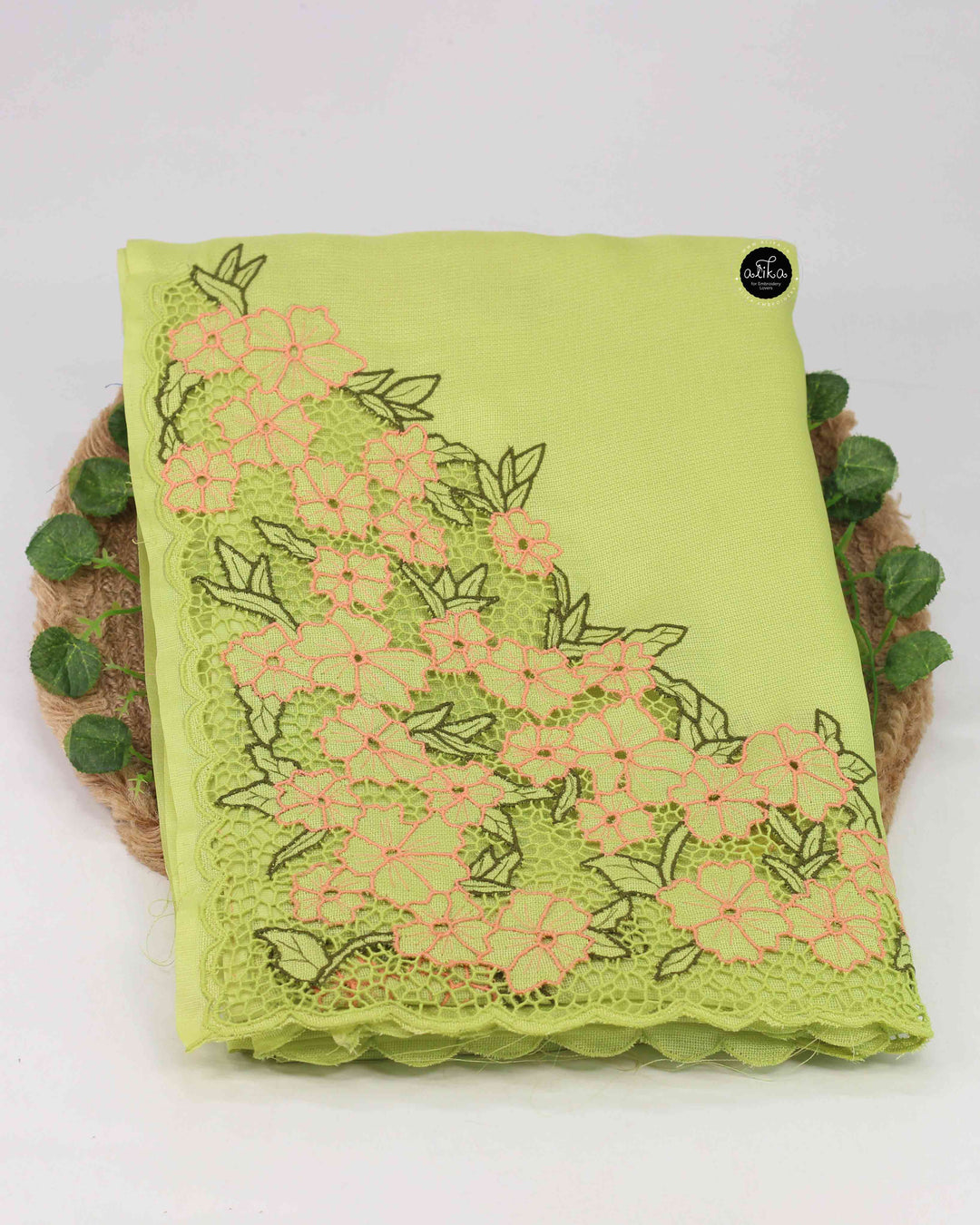 Lime Green Jute Saree with Floral Twine Cutwork