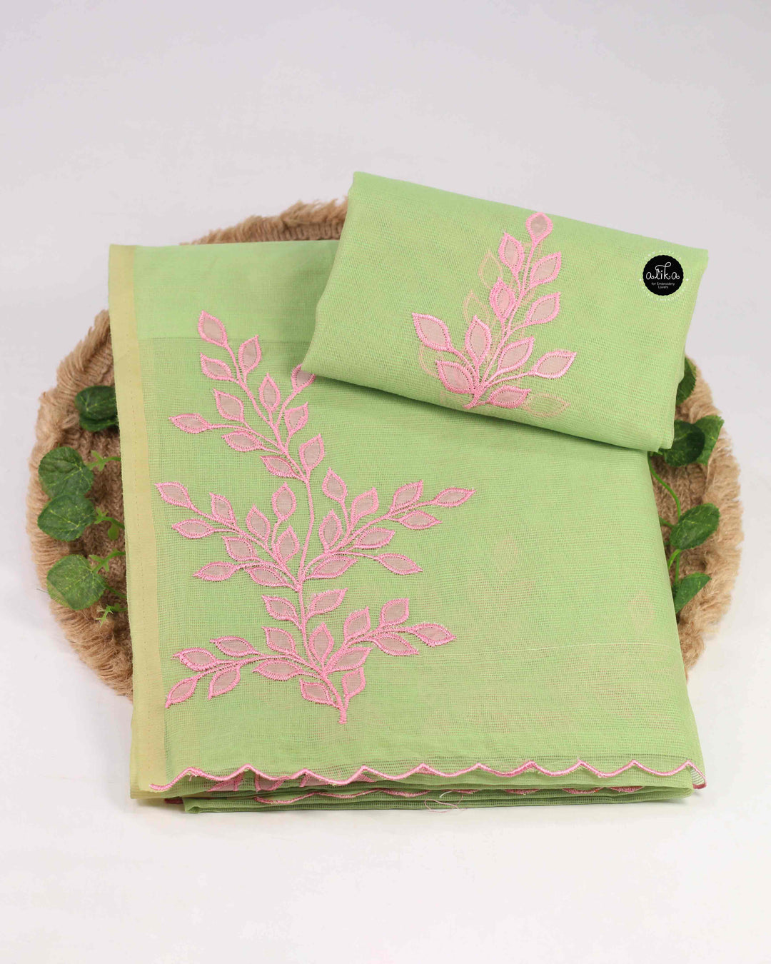 Light Green Kota Saree with Floral Appliqué Work