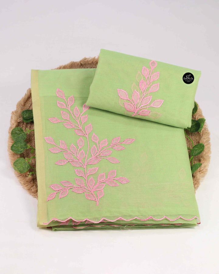 Light Green Kota Saree with Floral Appliqué Work