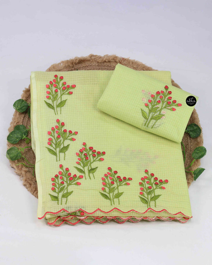 Pista Green Stiff Cotton Saree with Floral Hand Embroidery