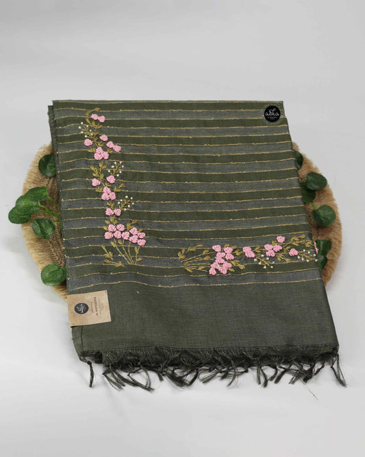 Dark Olive Pure Tussar Silk Saree with Floral Embroidery