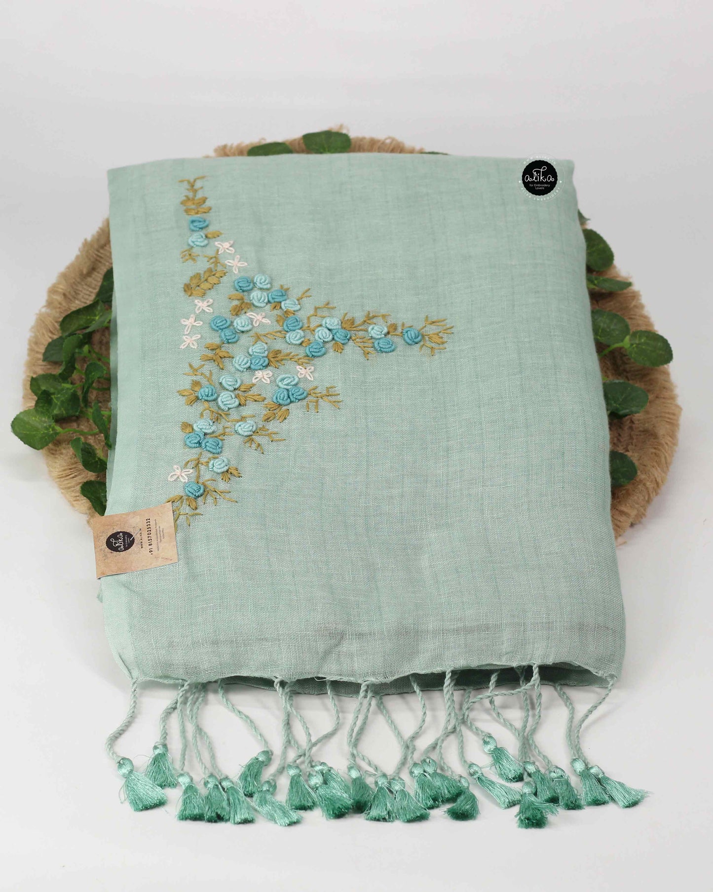 Bright Sea Green Pure Linen Saree with Floral Hand Embroidery