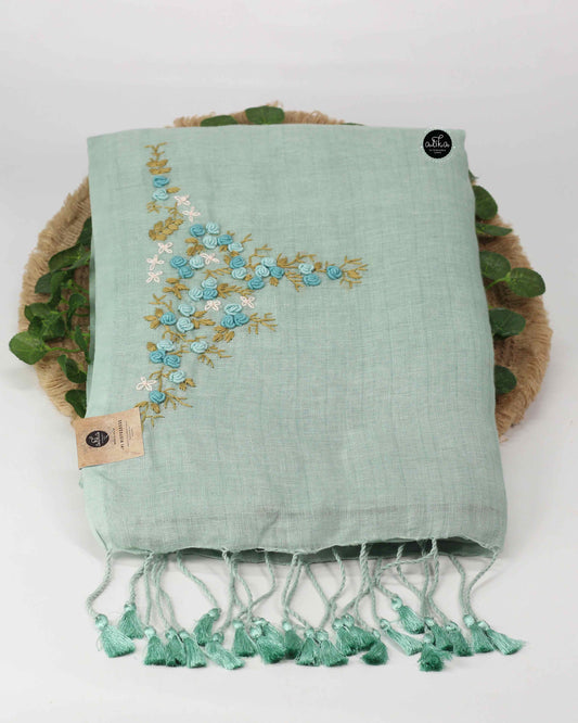 Bright Sea Green Pure Linen Saree with Floral Hand Embroidery