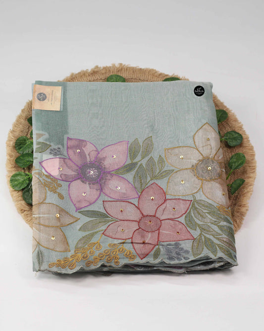 Ocean Green Chanderi Saree with Floral Applique Suqian Work