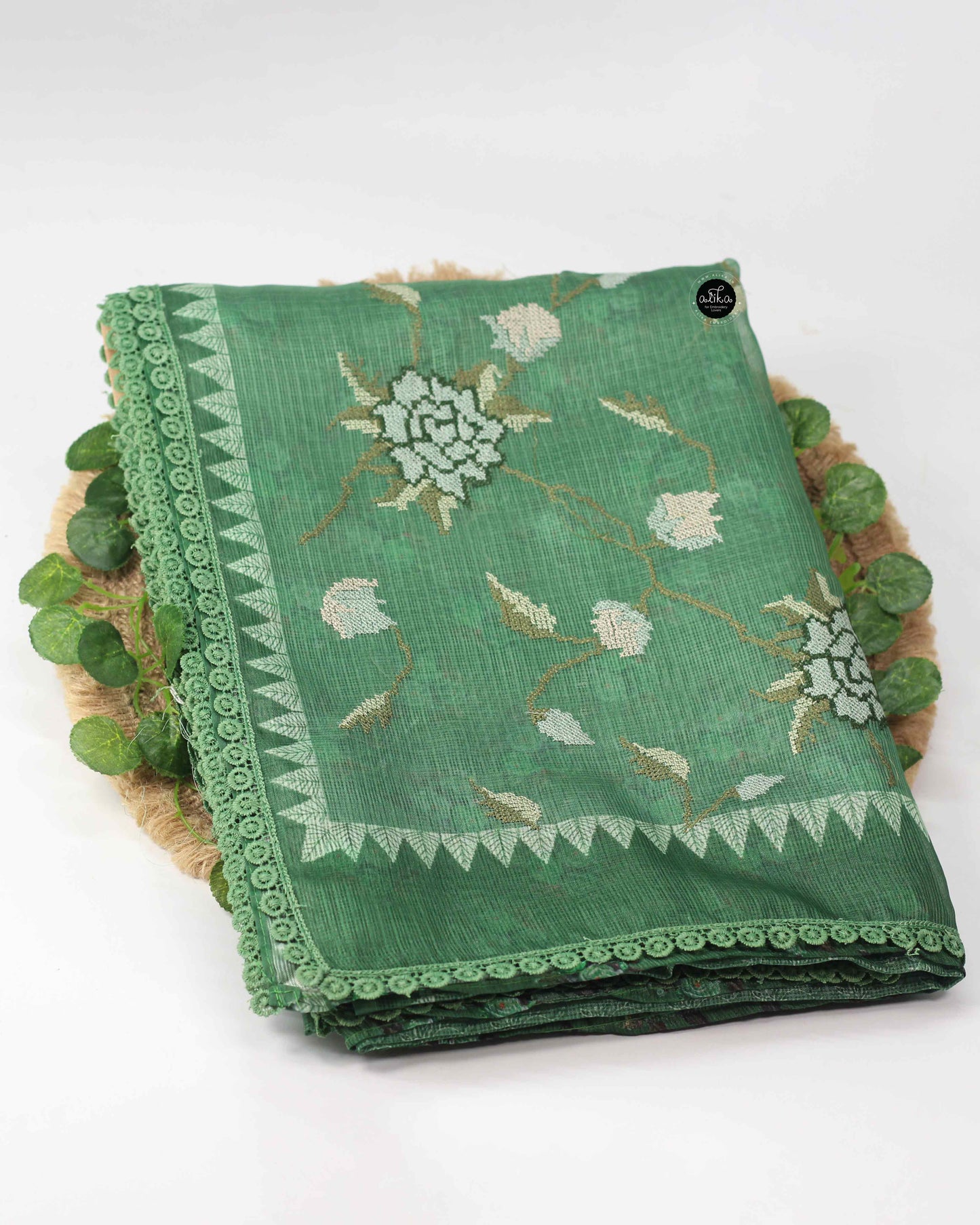 Green Printed Silky kota Saree with Floral Cross Stitch Embroidery on pallu