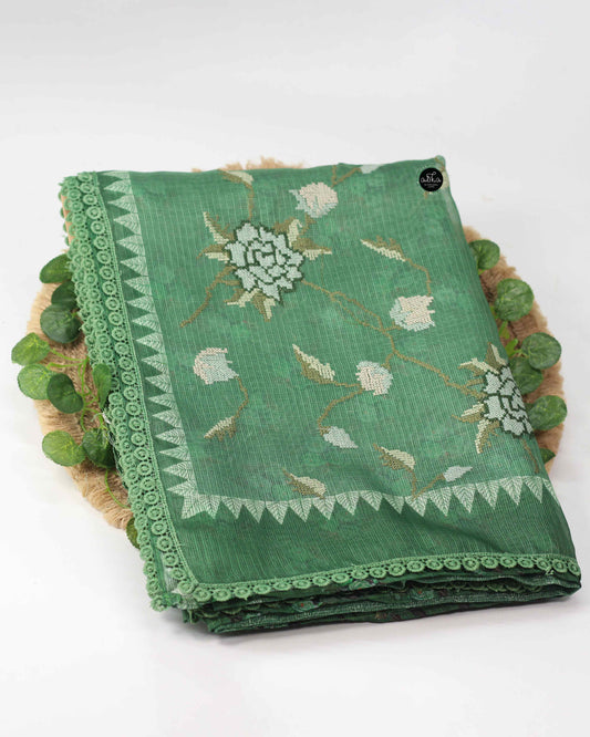 Green Printed Silky kota Saree with Floral Cross Stitch Embroidery on pallu