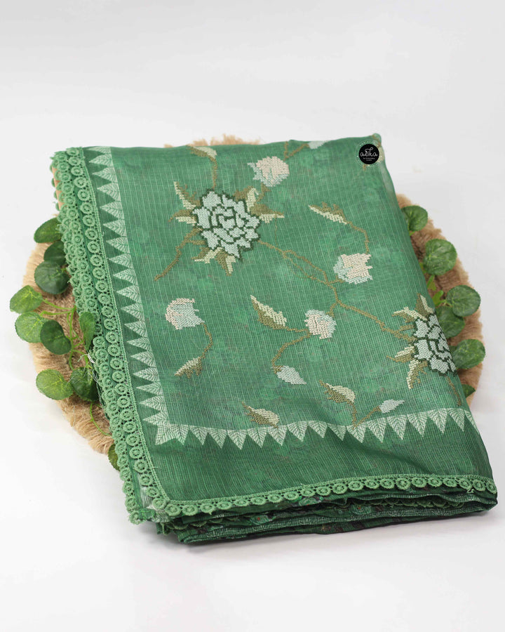 Green Printed Silky kota Saree with Floral Cross Stitch Embroidery on pallu