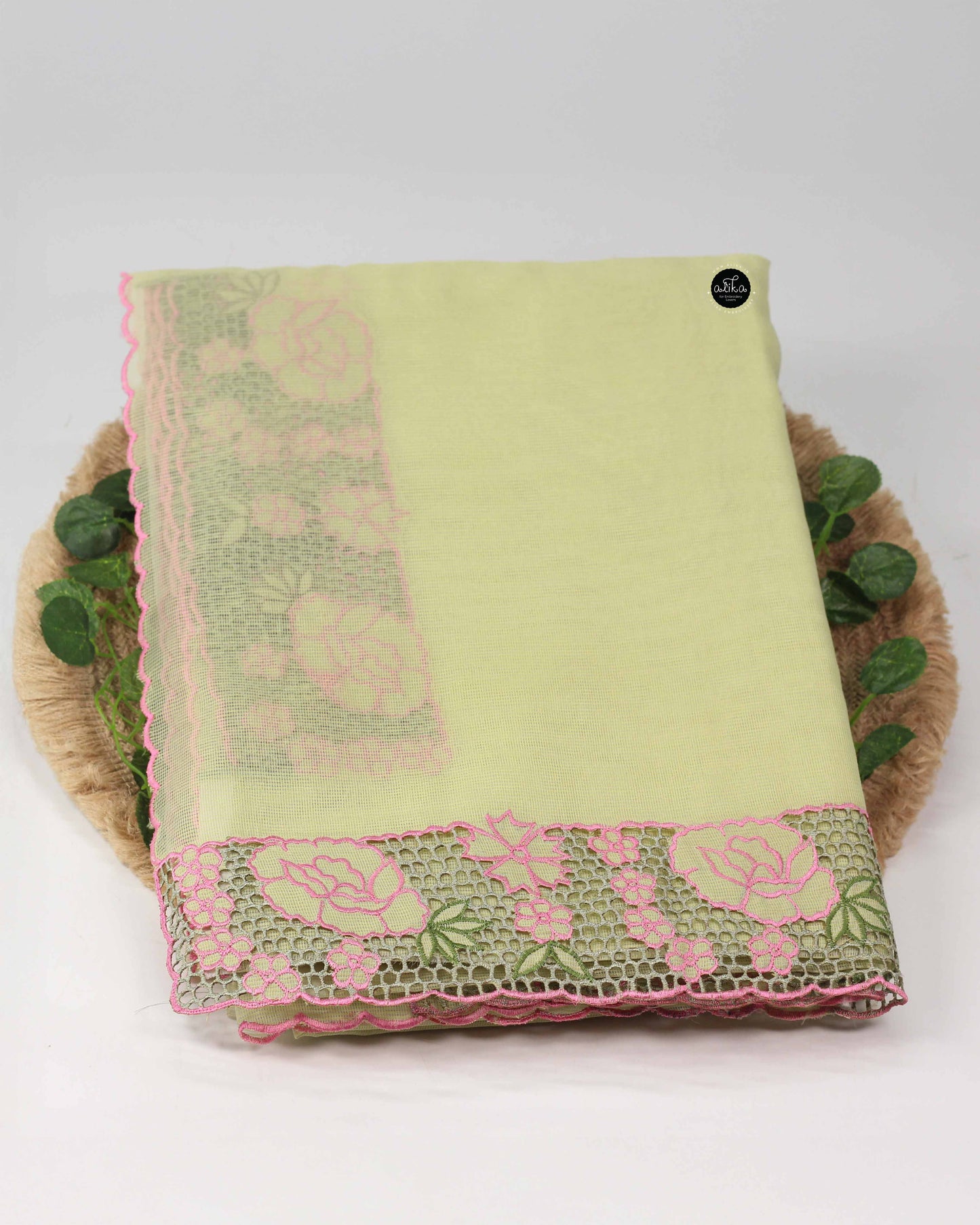 Pista Green Kota Saree with Pink Floral Cutwork