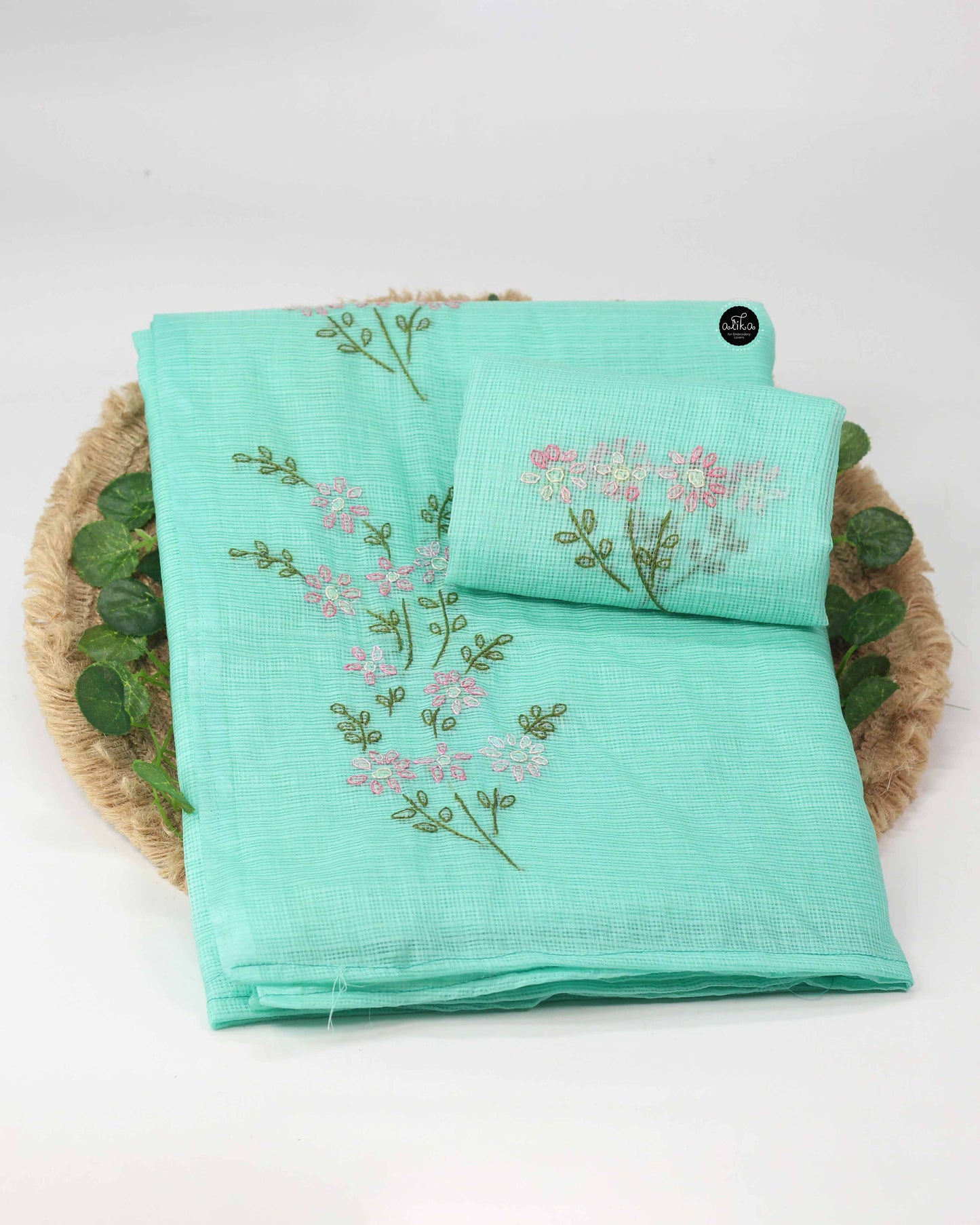 Aqua Green Silky Kota Saree with Floral Shadow Embroidery