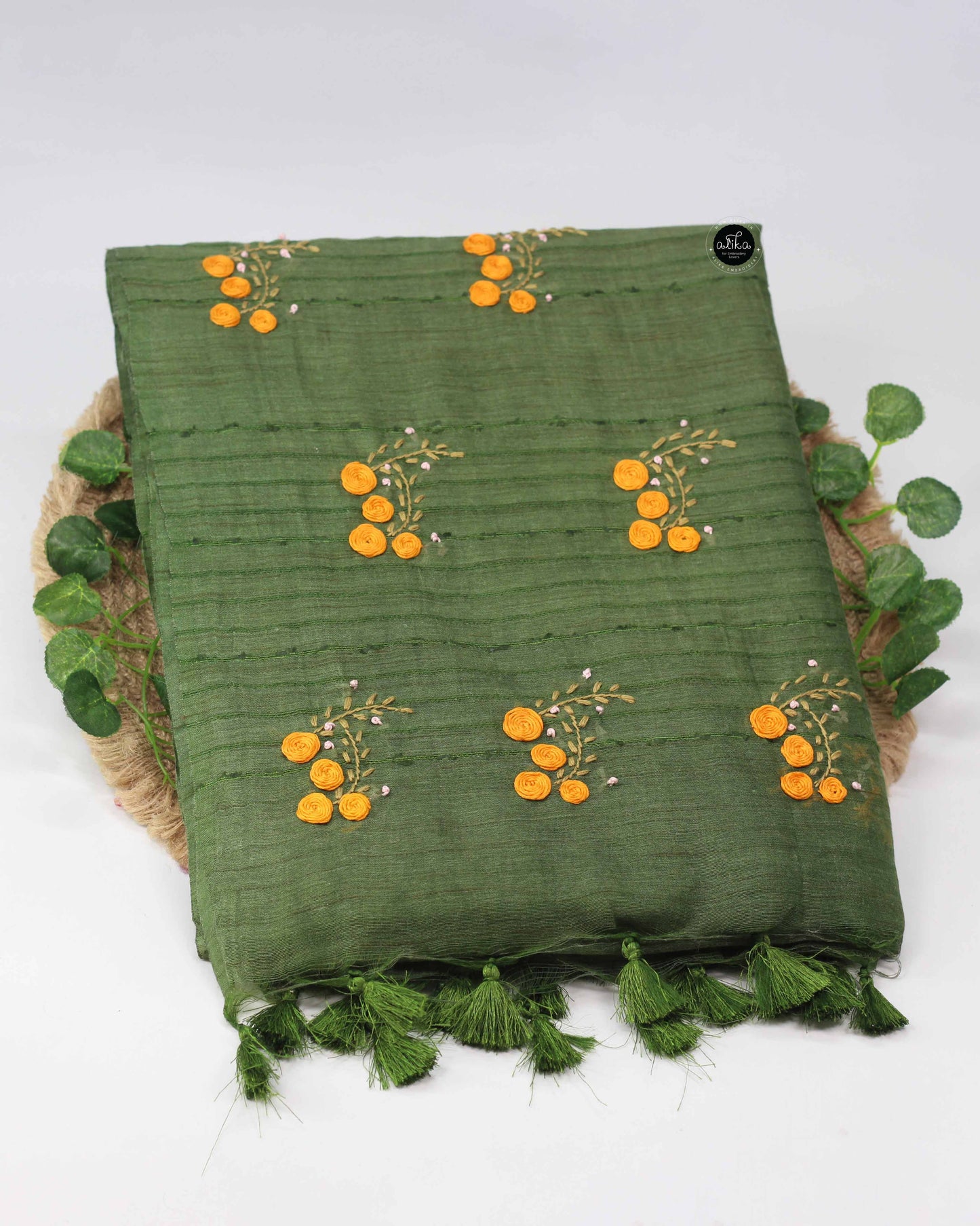 Green Semi Linen Saree with Floral Hand Embroidery