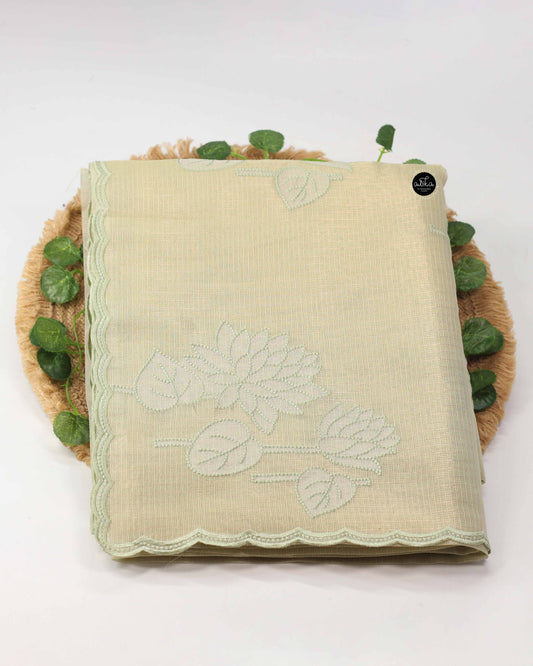 Pista Green Semi Tissue Saree with Appliqué Work and Printed blouse Material