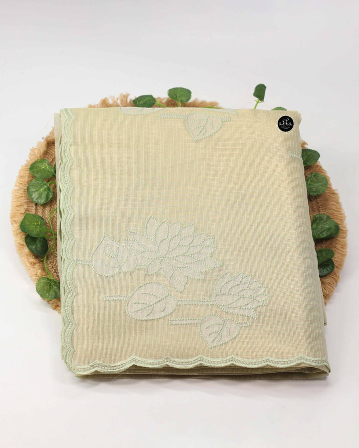 Pista Green Semi Tissue Saree with Appliqué Work and Printed blouse Material