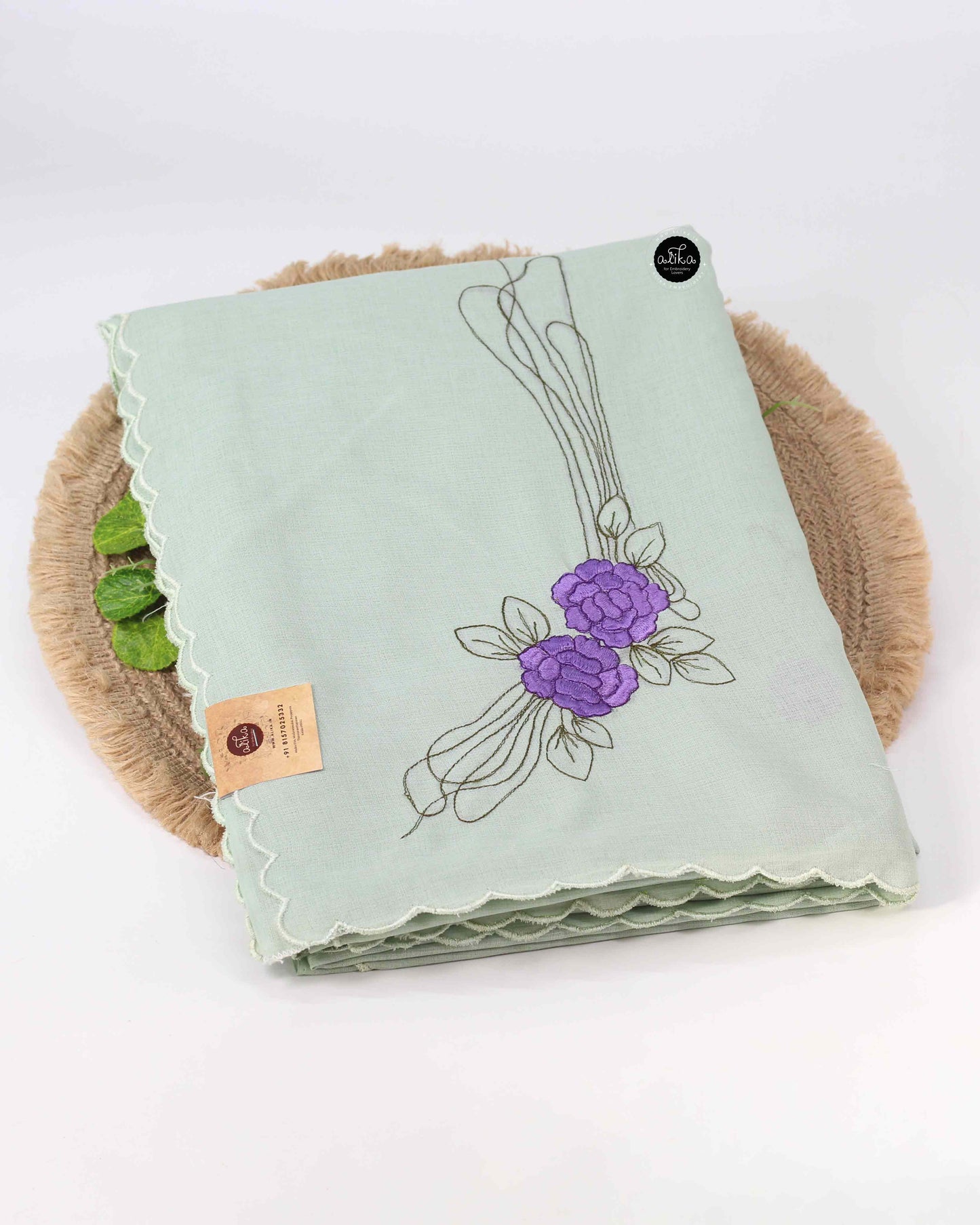 LIGHT GREEN SOFT SILK SAREE WITH VIOLET FLORAL MACHINE EMBROIDERY