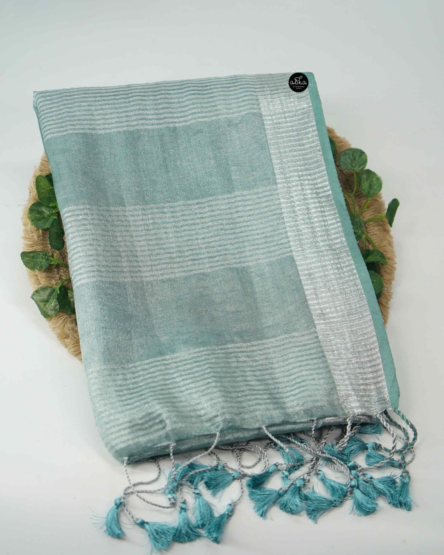 Light Aqua Green Pure Linen Saree with Zari Work & Silver Border